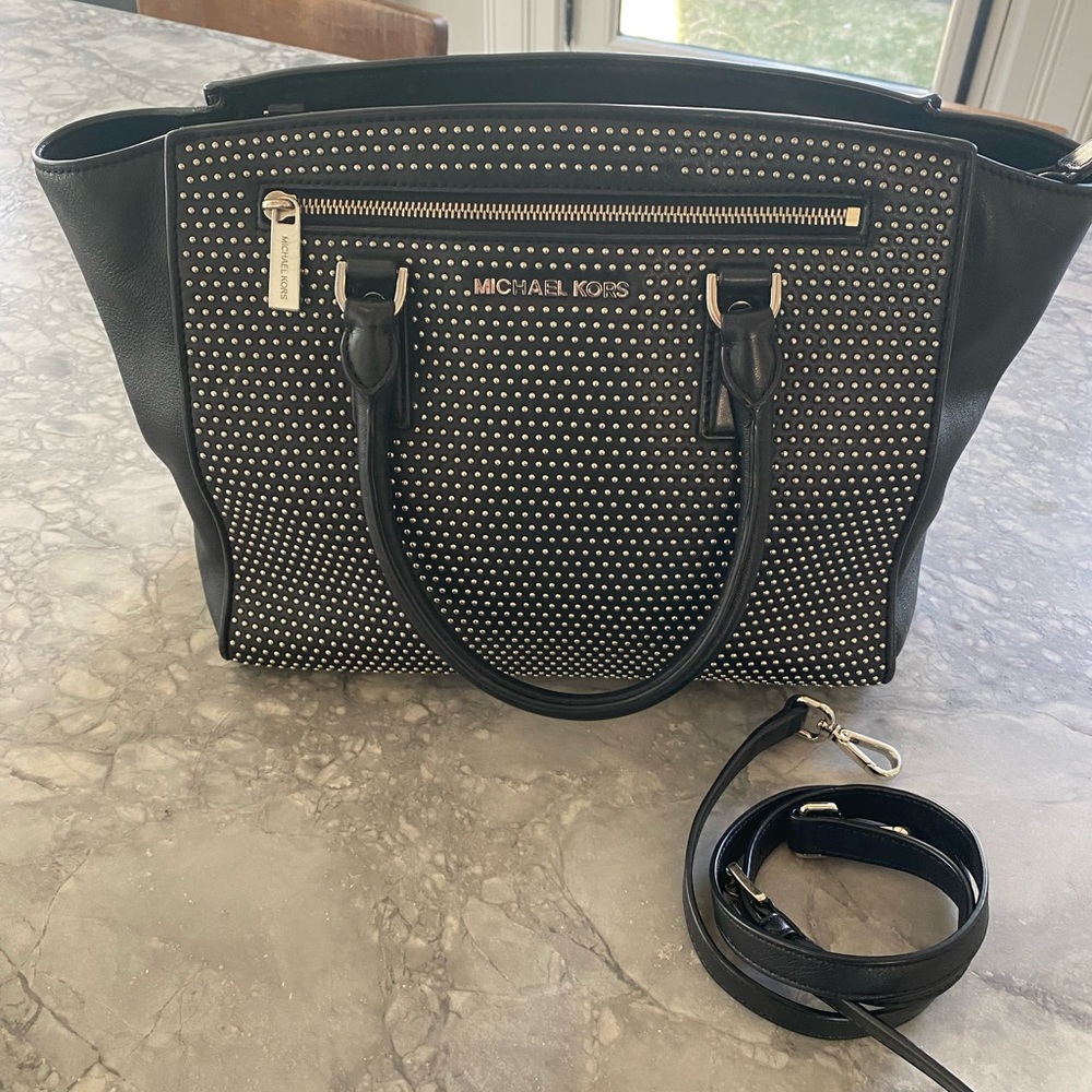 Michael Kors Black Studded Satchel with Silver Hardware